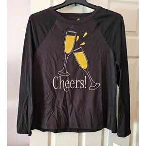 NWT Cheers! Womens Long Sleeve Blk Raglan Shirt W/Sparkle Champagne Glasses XL